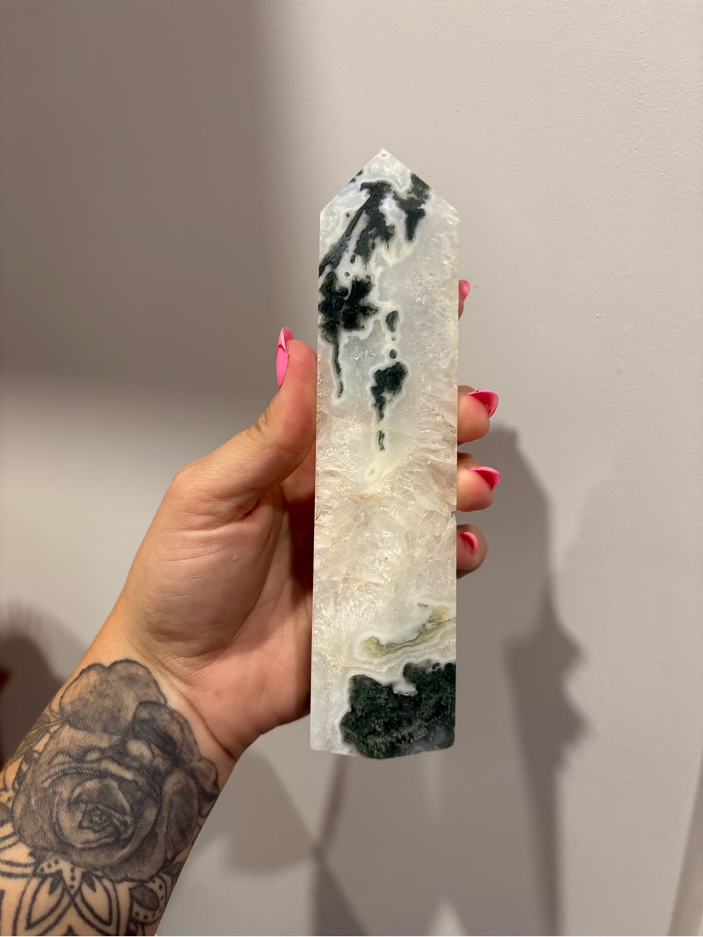 Polished Moss Agate Crystal Point - White & Dark Green